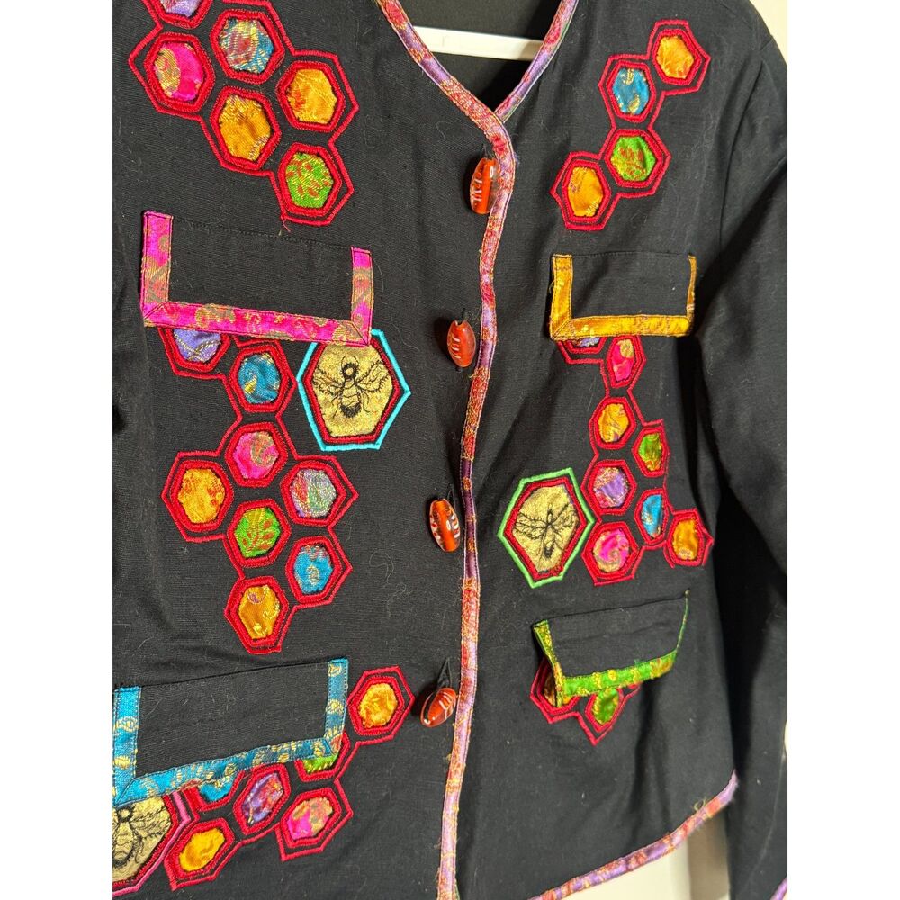 Vintage Bee‎ Honeycomb Embroidered Jacket Petite M Boho Art Blazer - Picture 9 of 9